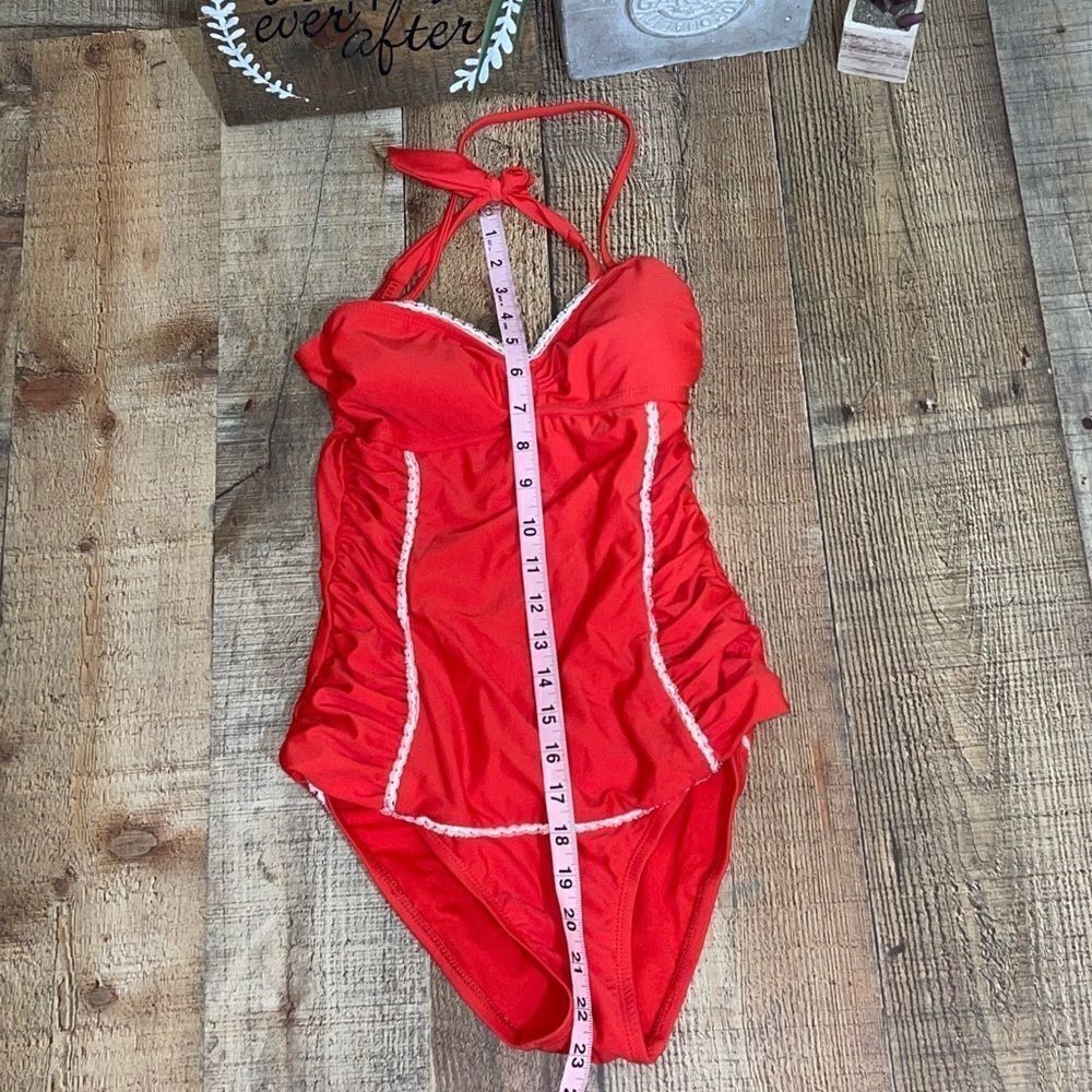 🎆 VM Ruched Lace Halter Red One Piece Swimsuit - Picture 2 of 7